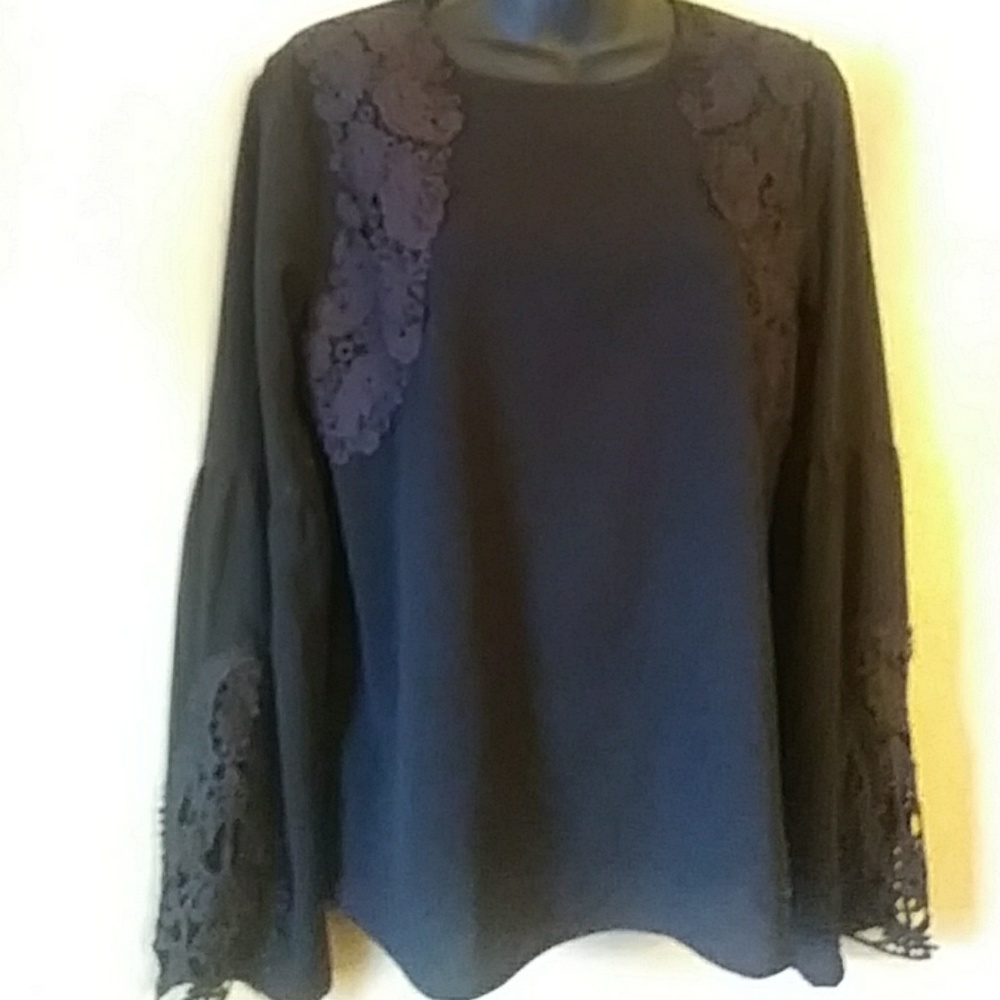 Anthropologie Esley Black Blouse W Lace Trim-Sz M